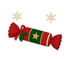 Traditional Christmas cracker with red ribbon, holly leaves, berries, gold star and two snowflakes.