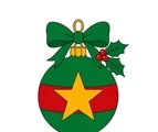 Round Christmas ornament with a gold star, red band, green ribbon and holly with three berries.