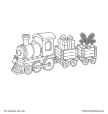 Wooden Christmas toy train with two cars carrying a wrapped gift and evergreen sprig with a small bell.