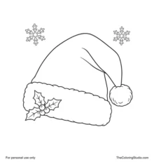 Classic red Santa hat with a fluffy white cuff, pom-pom, holly leaves, berries and two snowflakes.