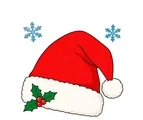 Classic red Santa hat with a fluffy white cuff, pom-pom, holly leaves, berries and two snowflakes.