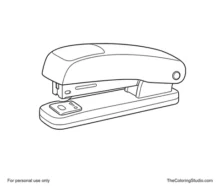 Classic desktop stapler shown fully visible with a top arm, base, rear hinge, and simple front mechanism on white.