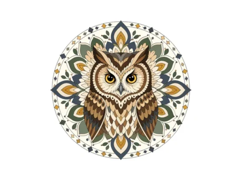 Front-facing owl mandala with large eyes, a short hooked beak, symmetrical feather layers, and radial ornaments.