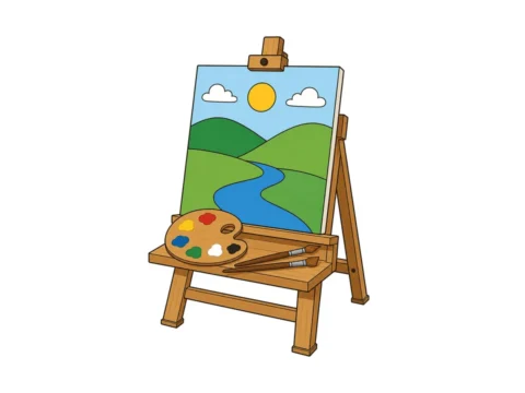 Wooden easel with a landscape canvas, paint palette, and two brushes resting on the lower shelf.