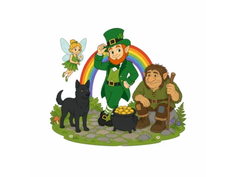 European folklore group with a leprechaun, fairy, troll and black dog beside a rainbow and stone path.