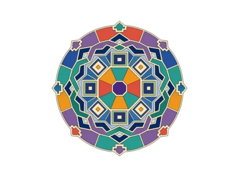 Octagonal geometric mandala with layered triangles, squares, diamonds, lattice bands and segmented outer arcs.