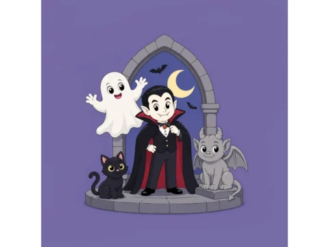 Cartoon Gothic Horror group with a vampire, ghost, gargoyle, and black cat beneath a stone arch and crescent moon.