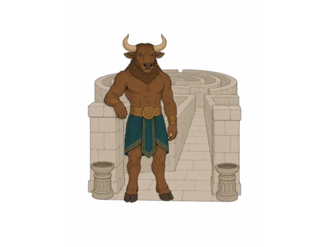 Calm Minotaur with two curved horns standing beside layered stone walls at a labyrinth entrance.
