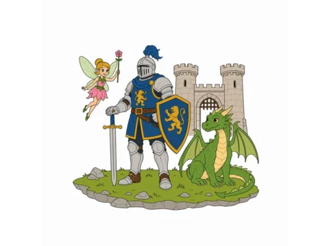 Medieval fantasy group with an armored knight, friendly dragon, woodland fairy, and stone castle.