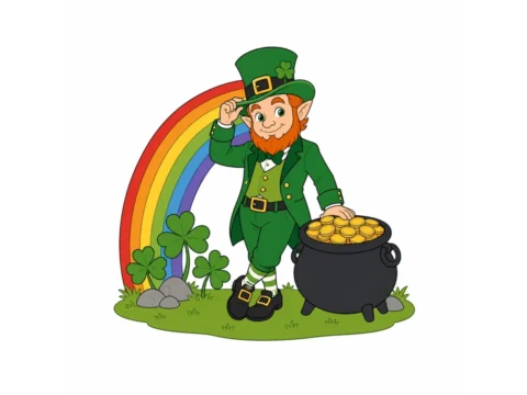 Leprechaun in a green coat standing beside a pot of gold beneath a rainbow with clover leaves and rounded stones.