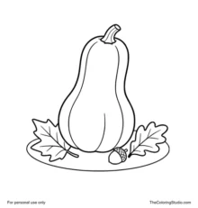 Rounded butternut squash on an oval ground patch beside two autumn leaves and one small acorn.