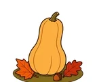 Rounded butternut squash on an oval ground patch beside two autumn leaves and one small acorn.