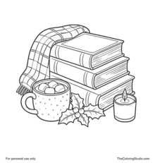 Cozy Christmas book nook with three stacked books, a folded blanket, hot cocoa mug, candle and holly.