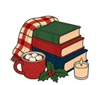 Cozy Christmas book nook with three stacked books, a folded blanket, hot cocoa mug, candle and holly.