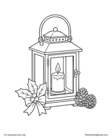 Cozy Christmas lantern with a candle, holly sprig, red ribbon and two pinecones on a white background.