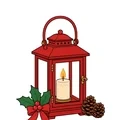 Cozy Christmas lantern with a candle, holly sprig, red ribbon and two pinecones on a white background.
