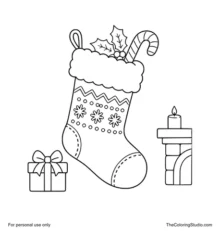 Christmas stocking hanging by a small fireplace edge with a candy cane, holly, gift box and tiny candle.