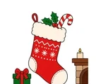 Christmas stocking hanging by a small fireplace edge with a candy cane, holly, gift box and tiny candle.