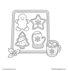 Baking tray with gingerbread man, star, Christmas tree and mitten cookies beside a small mug of hot cocoa.
