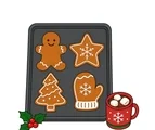 Baking tray with gingerbread man, star, Christmas tree and mitten cookies beside a small mug of hot cocoa.
