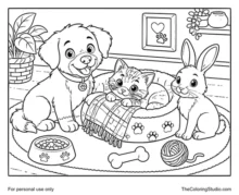 Cozy pet corner scene with a puppy, kitten, and bunny gathered around a pet bed with a bowl, blanket, yarn, and bone.