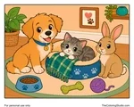 Cozy pet corner scene with a puppy, kitten, and bunny gathered around a pet bed with a bowl, blanket, yarn, and bone.