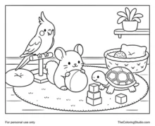 Cockatiel, chinchilla, and tortoise playing together on a soft mat with simple toys in a cozy indoor pet corner.
