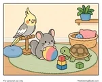 Cockatiel, chinchilla, and tortoise playing together on a soft mat with simple toys in a cozy indoor pet corner.