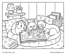 Guinea pig, hamster, and ferret gathered around an open book on cushions in a cozy indoor reading nook.