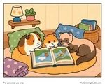Guinea pig, hamster, and ferret gathered around an open book on cushions in a cozy indoor reading nook.