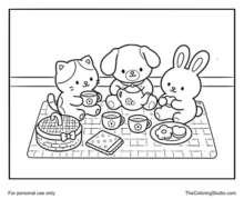 Cozy kitten, puppy, and bunny sharing a simple tea-time picnic with a teapot, cups, snacks, and a small basket.