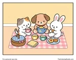 Cozy kitten, puppy, and bunny sharing a simple tea-time picnic with a teapot, cups, snacks, and a small basket.