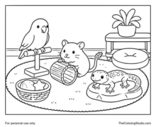 Lovebird, gerbil, and gecko gathered on a soft mat with simple pet toys and a plant in a cozy indoor corner.
