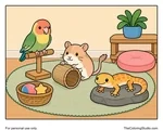 Lovebird, gerbil, and gecko gathered on a soft mat with simple pet toys and a plant in a cozy indoor corner.