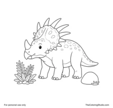 Cozy Styracosaurus with one nasal horn, a spiked neck frill, rounded body, sturdy legs, a rock, and simple plant.