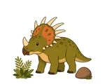Cozy Styracosaurus with one nasal horn, a spiked neck frill, rounded body, sturdy legs, a rock, and simple plant.
