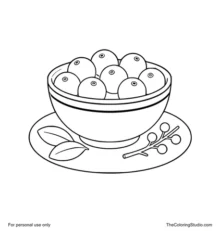 Cream bowl filled with whole red cranberries beside two broad green leaves and a small twig.