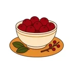 Cream bowl filled with whole red cranberries beside two broad green leaves and a small twig.