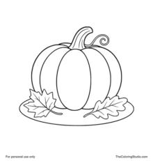 Rounded orange pumpkin on an oval ground patch beside two broad autumn leaves in a cozy fall setting.