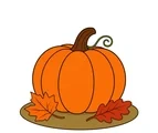 Rounded orange pumpkin on an oval ground patch beside two broad autumn leaves in a cozy fall setting.