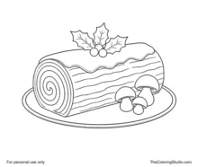 Christmas Yule log cake with cream frosting, holly, red berries and three small mushrooms on a cream plate.