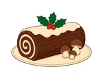 Christmas Yule log cake with cream frosting, holly, red berries and three small mushrooms on a cream plate.