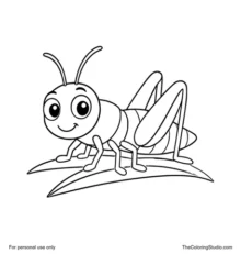 Simple green cartoon cricket with six legs, long antennae, and enlarged jumping legs beside broad grass blades.