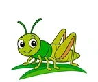 Simple green cartoon cricket with six legs, long antennae, and enlarged jumping legs beside broad grass blades.
