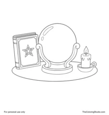 Crystal ball with a closed spellbook and candle arranged together on a simple purple tabletop.
