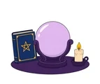 Crystal ball with a closed spellbook and candle arranged together on a simple purple tabletop.