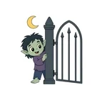 Friendly cartoon ghoul peeking beside a simple Gothic iron gate with a small crescent moon behind it.