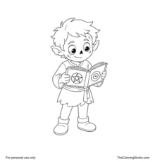 Friendly green ghoul reading an open grimoire with simple magical symbols on a white background.