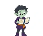 Friendly green ghoul reading an open grimoire with simple magical symbols on a white background.