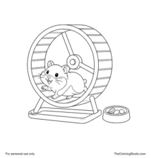 Small golden hamster walking inside a simple exercise wheel with a food dish nearby on a white background.